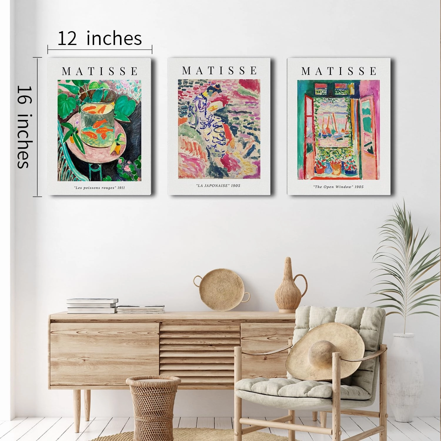 Shwing Vintage Henri Matisse Abstract Canvas Wall Art - Set of 3 Framed - 16x12 Inch
