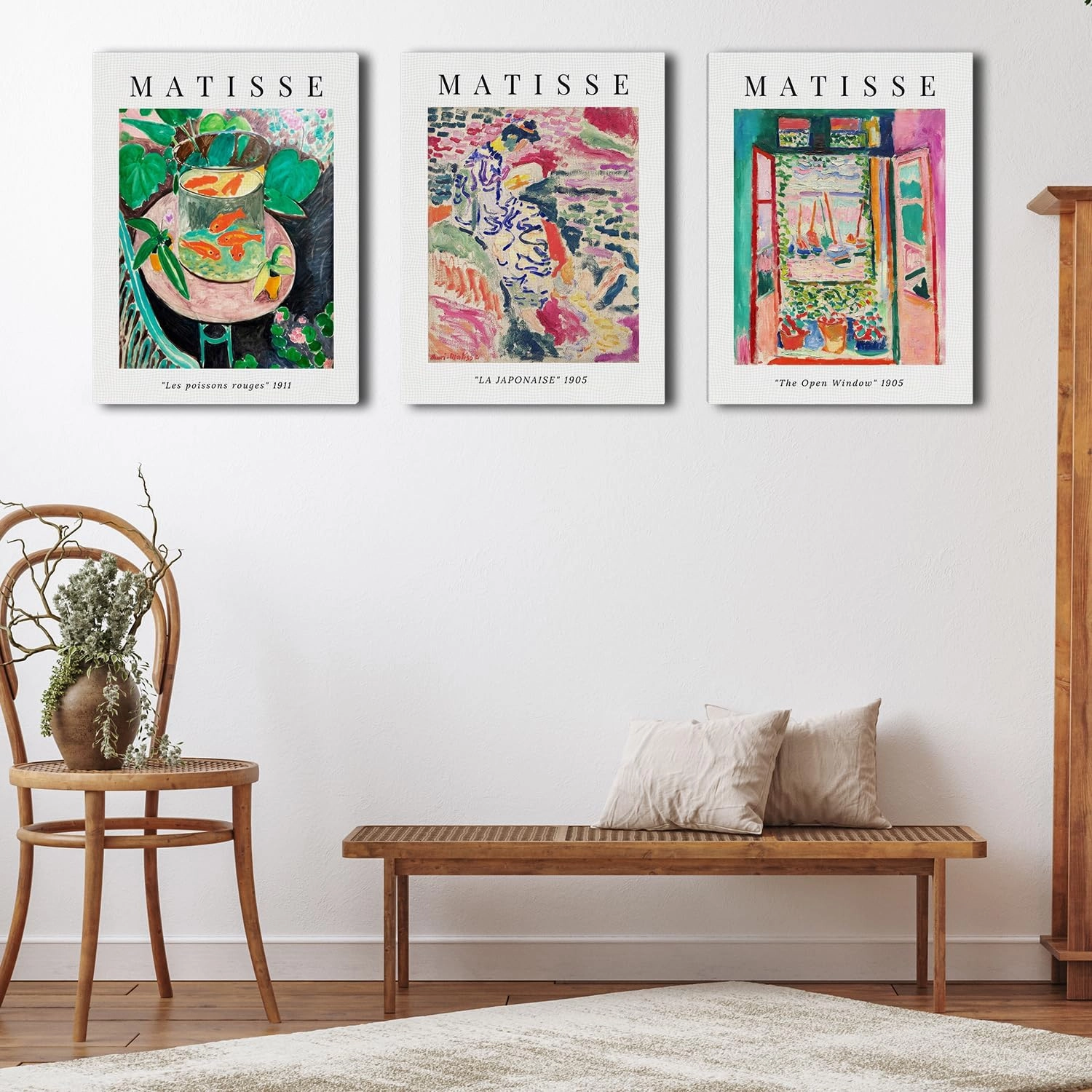 Shwing Vintage Henri Matisse Abstract Canvas Wall Art - Set of 3 Framed - 16x12 Inch