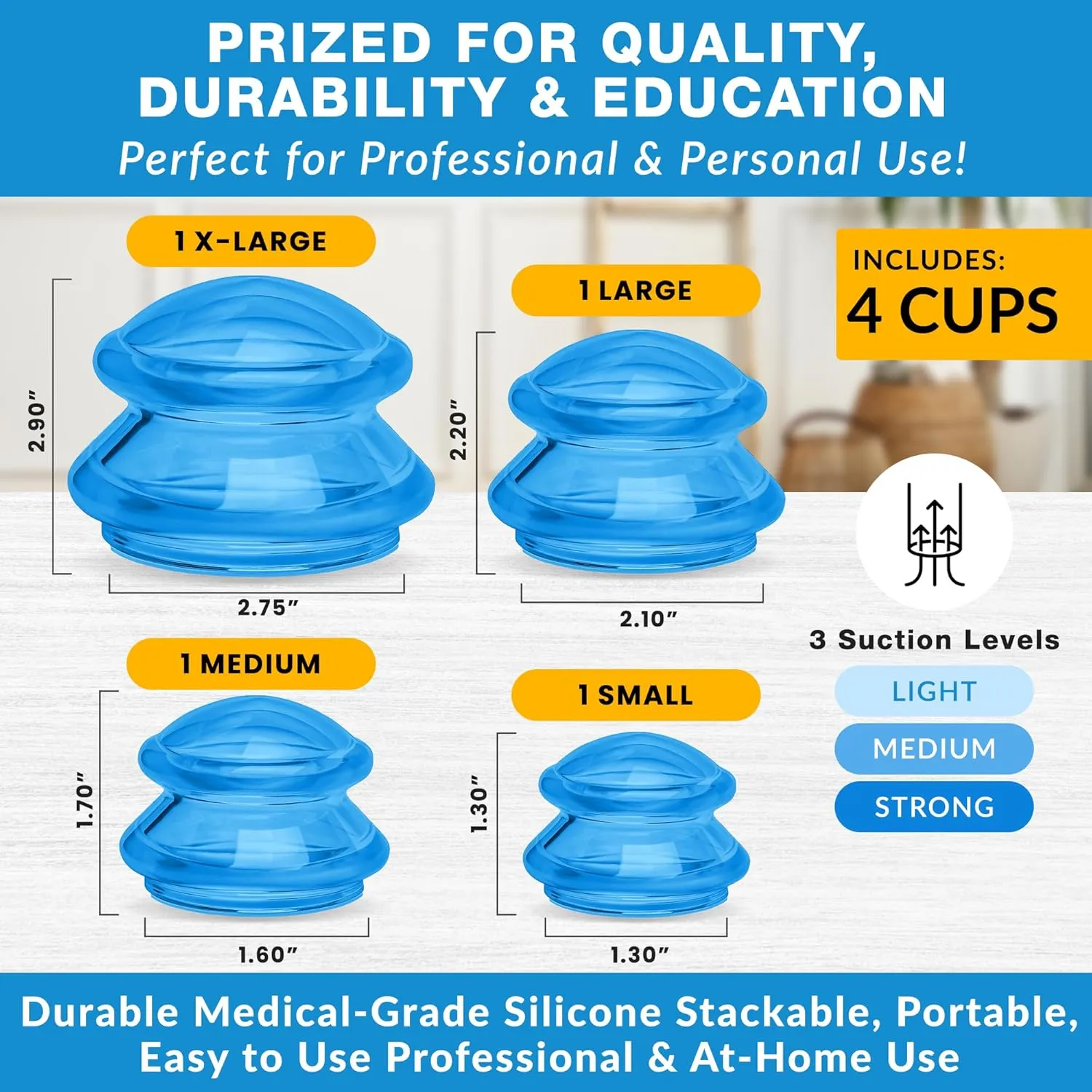 Silicone Cupping Therapy Set Professional Massage Cupping Cups for Cupping Therapy 4 Cup Kit for Massage, Myofascial Release, Cellulite Reduction (Lure Blue)