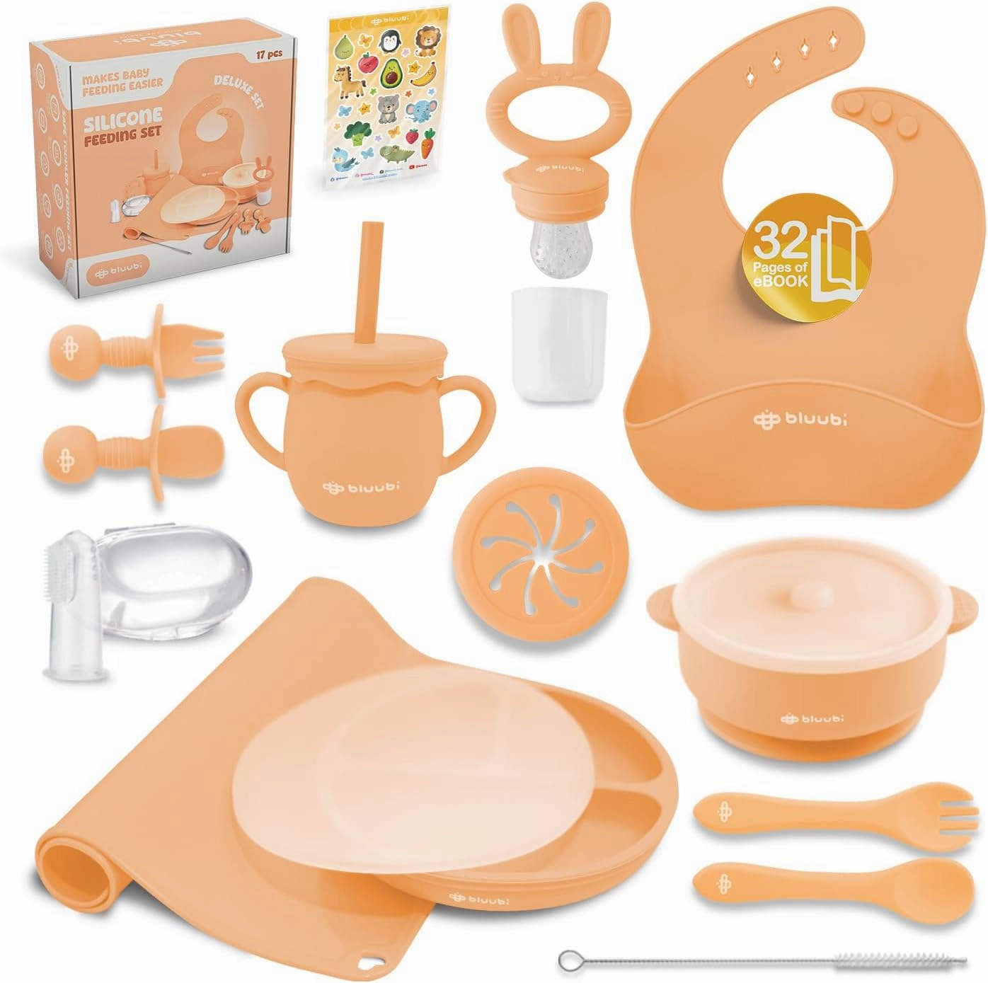 Silicone Baby Feeding Set - Infant Tableware for First Foods & Baby, Led Weaning (0  Months), Easy to Clean, Durable, Perfect for Baby Boy or Girl, Solid Feeding - Peach - Deluxe