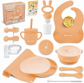 Silicone Baby Feeding Set - Infant Tableware for First Foods & Baby, Led Weaning (0  Months), Easy to Clean, Durable, Perfect for Baby Boy or Girl, Solid Feeding - Peach - Deluxe