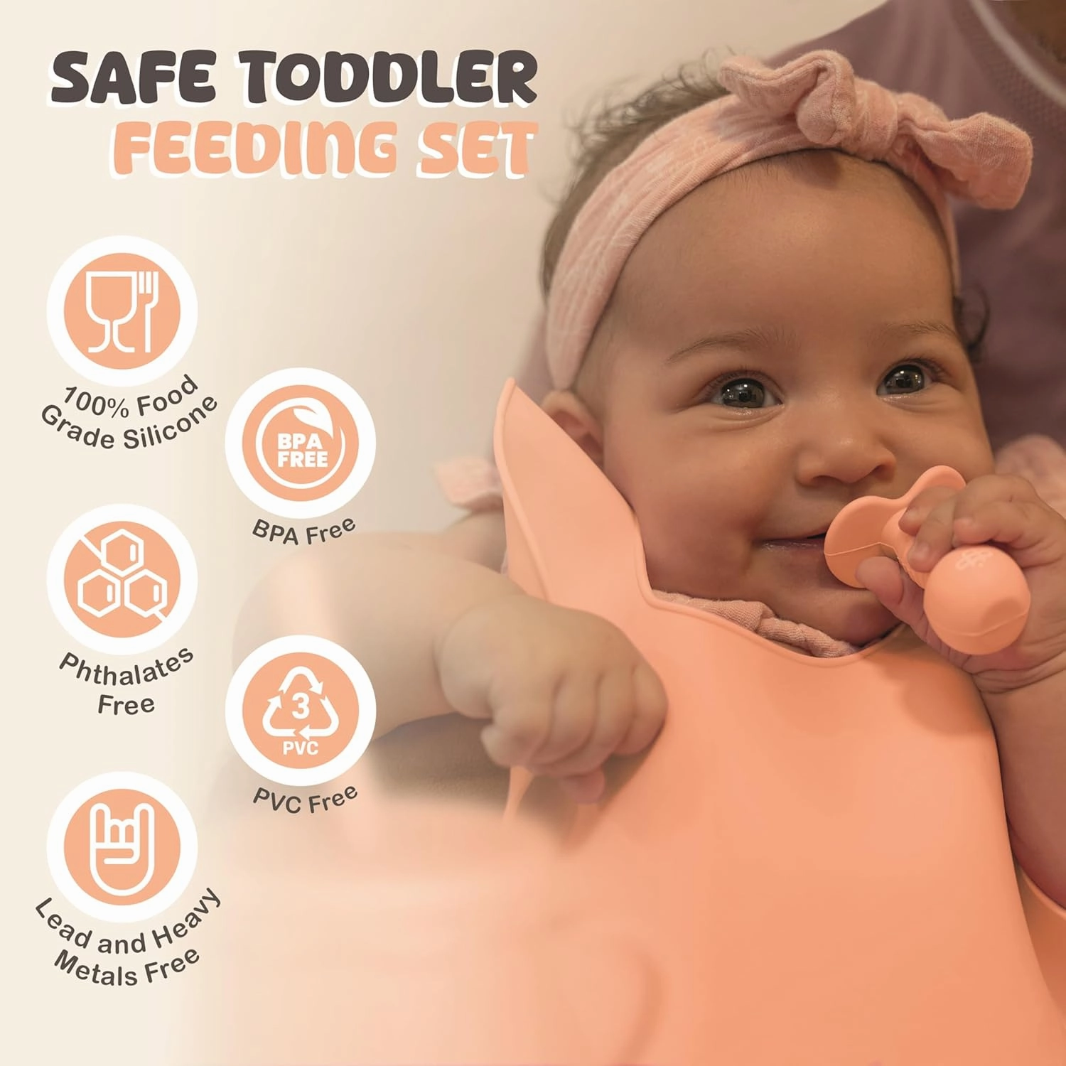 Silicone Baby Feeding Set - Infant Tableware for First Foods & Baby, Led Weaning (0  Months), Easy to Clean, Durable, Perfect for Baby Boy or Girl, Solid Feeding - Peach - Deluxe