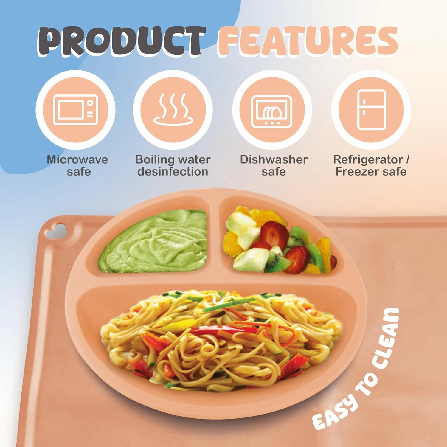 Silicone Baby Feeding Set - Infant Tableware for First Foods & Baby, Led Weaning (0  Months), Easy to Clean, Durable, Perfect for Baby Boy or Girl, Solid Feeding - Peach - Deluxe