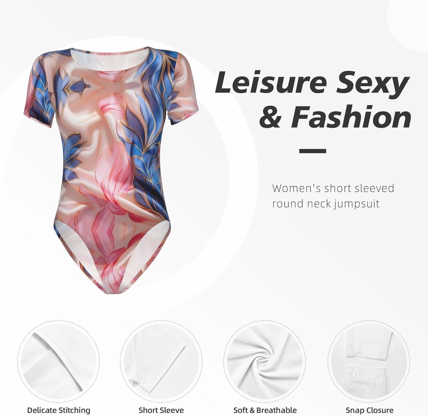 silk fabrics Printed women's short-sleeved tights - fashionable round-neck slim home clothes, sizes S-XXL,