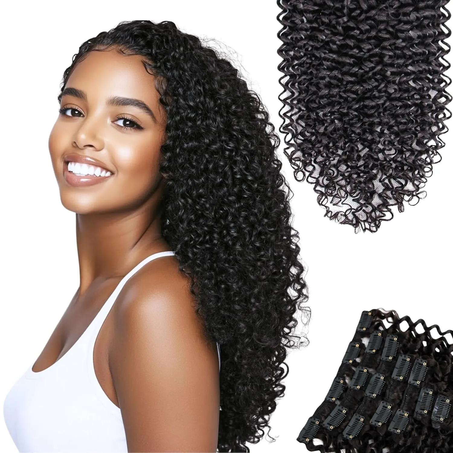 SIYUSI Kinky Curly Clip In Extensions, Luxurious Thickness, Premium Brazilian Remy Hair Clip Ins, Invisible & Scalp-Friendly, Natural Black Color, 4.23oz, 7Pcs (20 Inch)