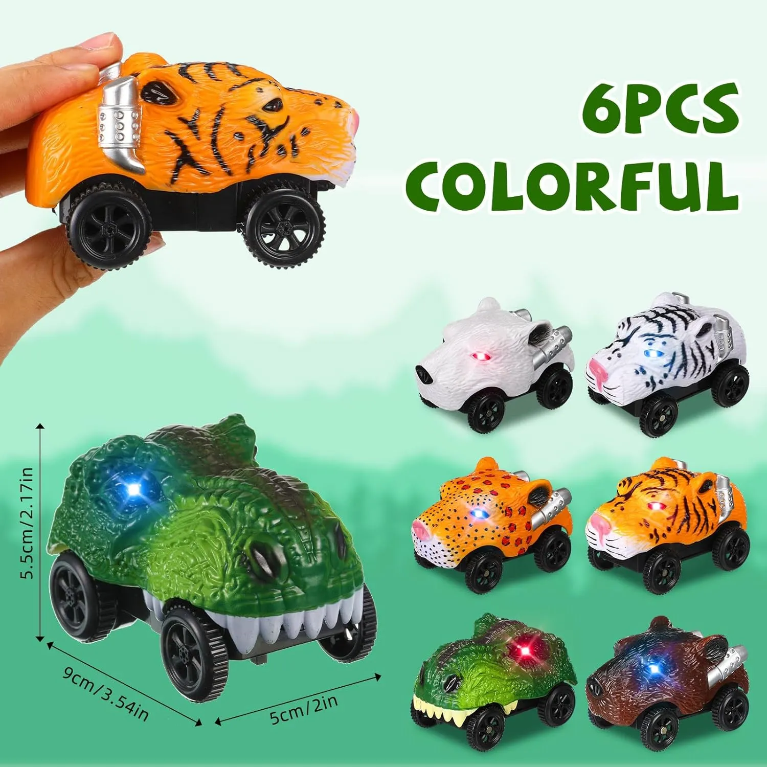 Skylety 6 Packs Dinosaur Track Car Race Replacement LED Light up Battery Powered Dinosaur Race Glow in The Dark Dino Accessories Compatible with Most Tracks, Car Only(Beast)