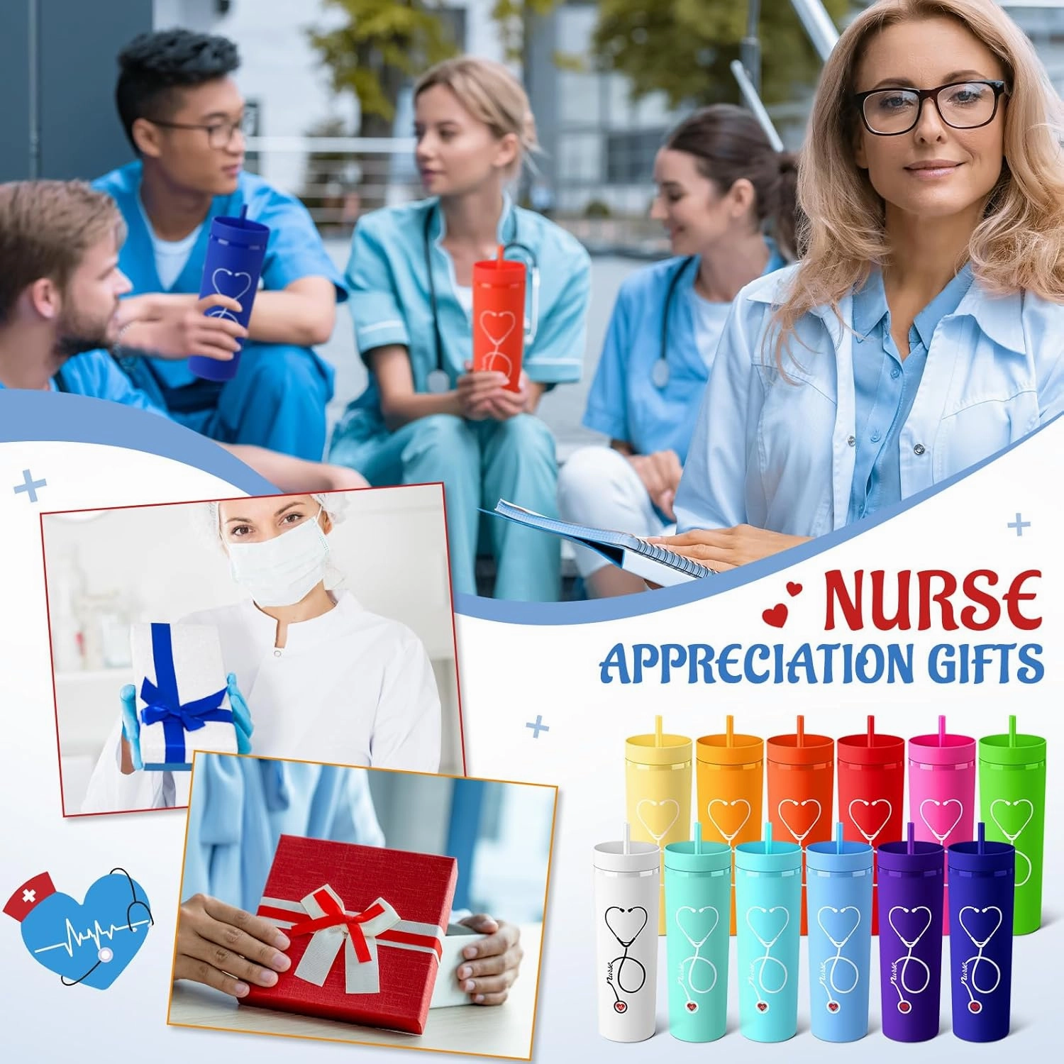 Skylety 12 Pcs Nurse Gifts for Women Plastic Skinny Tumblers with Lid Straw Bulk 16 oz Matte Colorful Double Wall Tumblers Nursing Appreciation Gift for Nurse Week Graduation School Office (12 Colors)