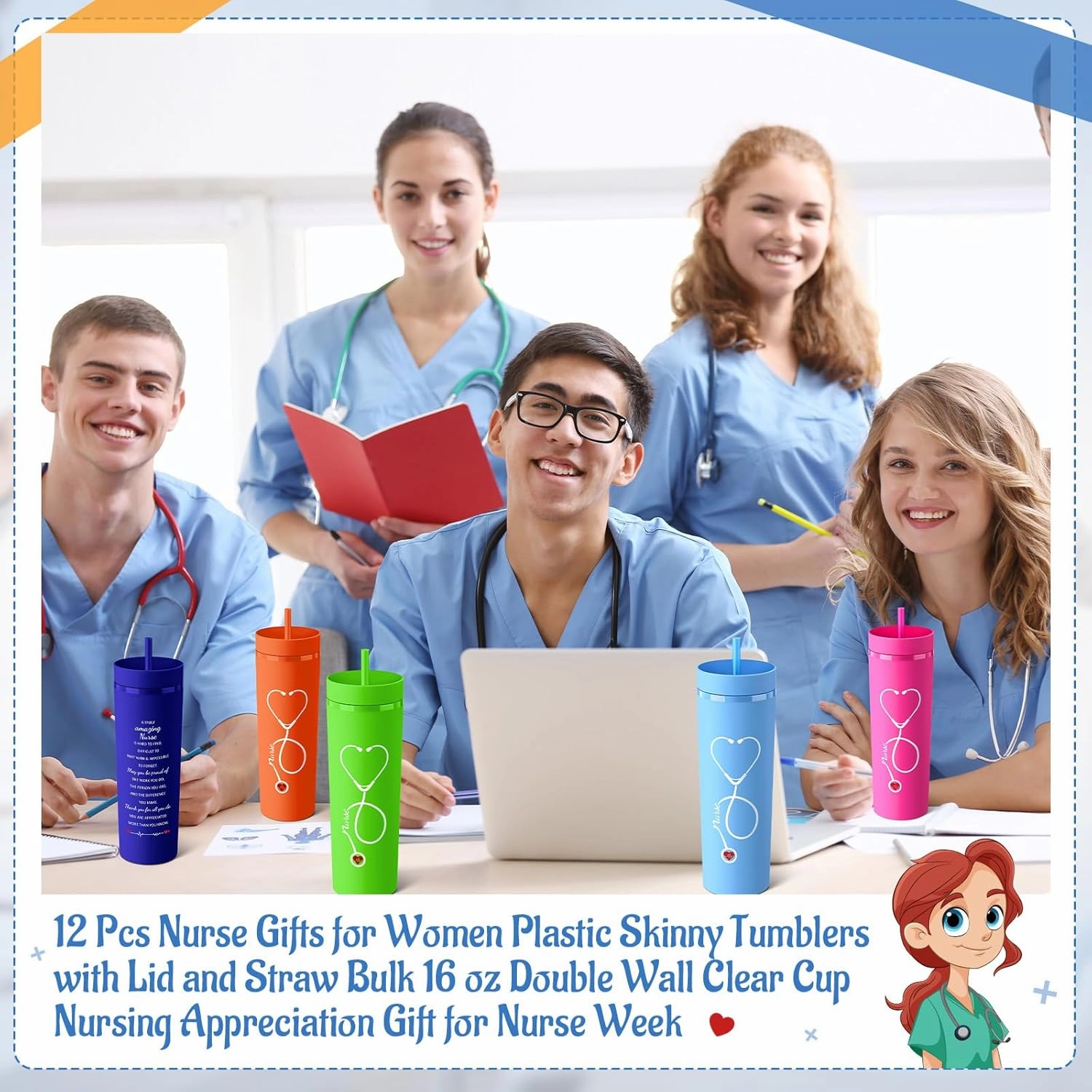 Skylety 12 Pcs Nurse Gifts for Women Plastic Skinny Tumblers with Lid Straw Bulk 16 oz Matte Colorful Double Wall Tumblers Nursing Appreciation Gift for Nurse Week Graduation School Office (12 Colors)