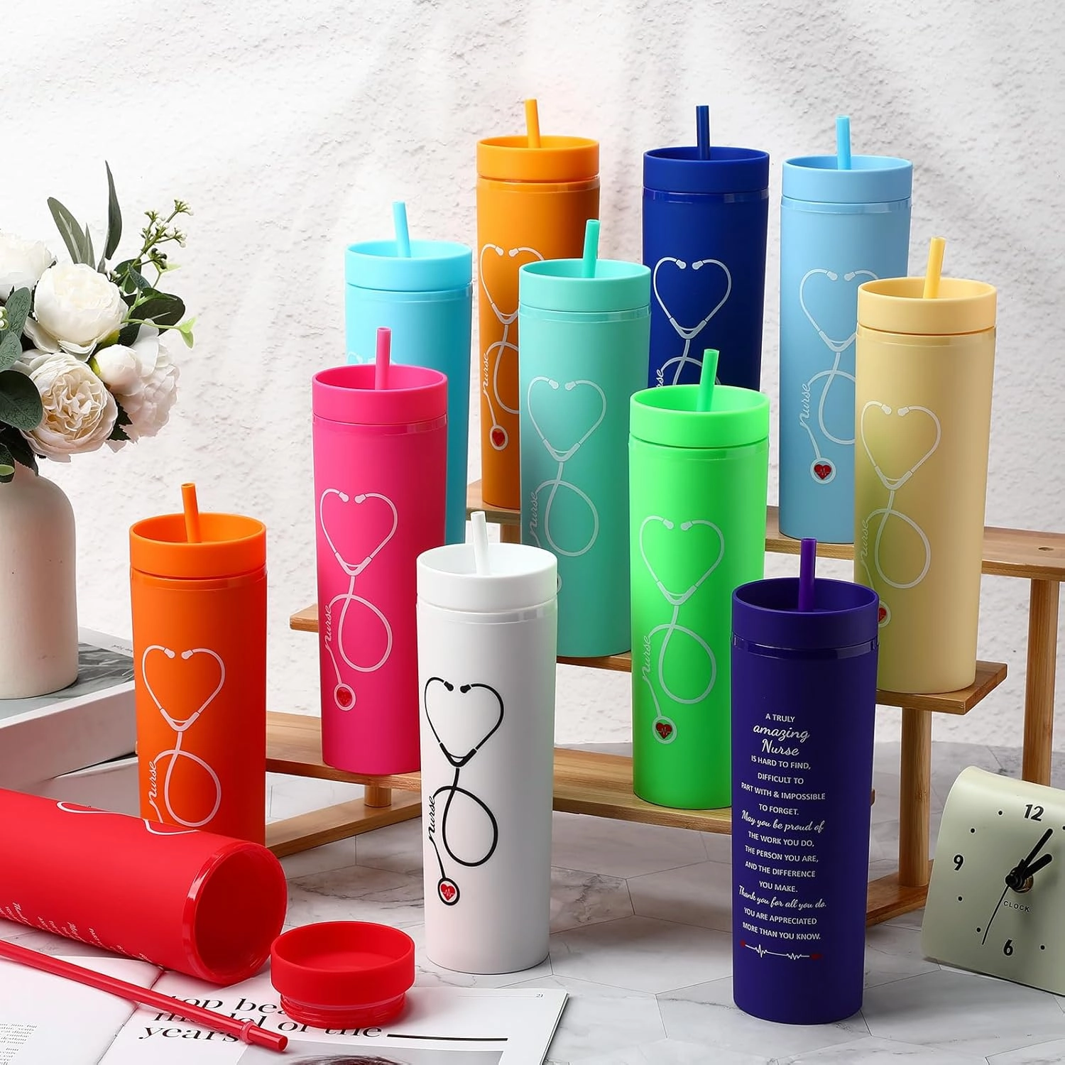 Skylety 12 Pcs Nurse Gifts for Women Plastic Skinny Tumblers with Lid Straw Bulk 16 oz Matte Colorful Double Wall Tumblers Nursing Appreciation Gift for Nurse Week Graduation School Office (12 Colors)
