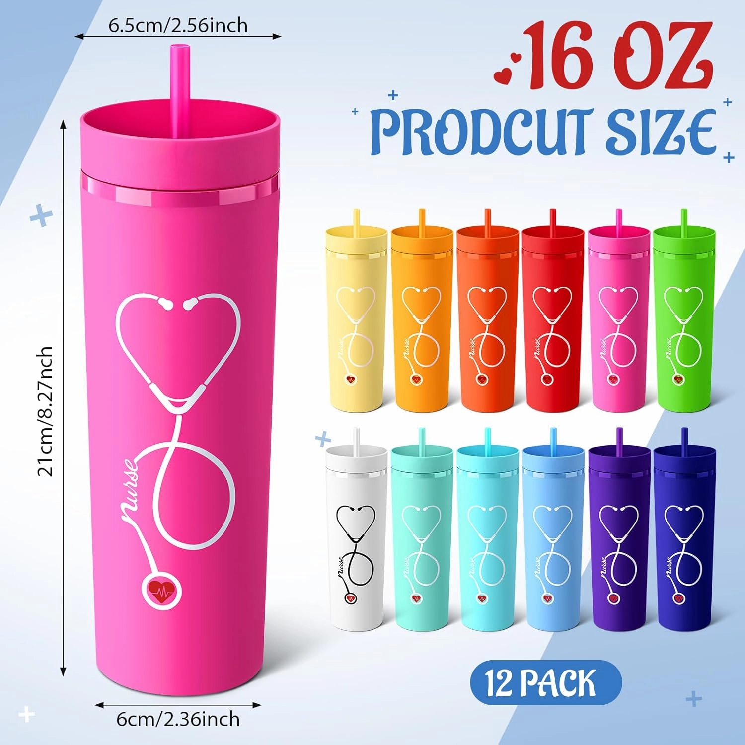 Skylety 12 Pcs Nurse Gifts for Women Plastic Skinny Tumblers with Lid Straw Bulk 16 oz Matte Colorful Double Wall Tumblers Nursing Appreciation Gift for Nurse Week Graduation School Office (12 Colors)