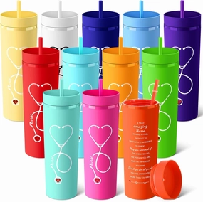 Skylety 12 Pcs Nurse Gifts for Women Plastic Skinny Tumblers with Lid Straw Bulk 16 oz Matte Colorful Double Wall Tumblers Nursing Appreciation Gift for Nurse Week Graduation School Office (12 Colors)