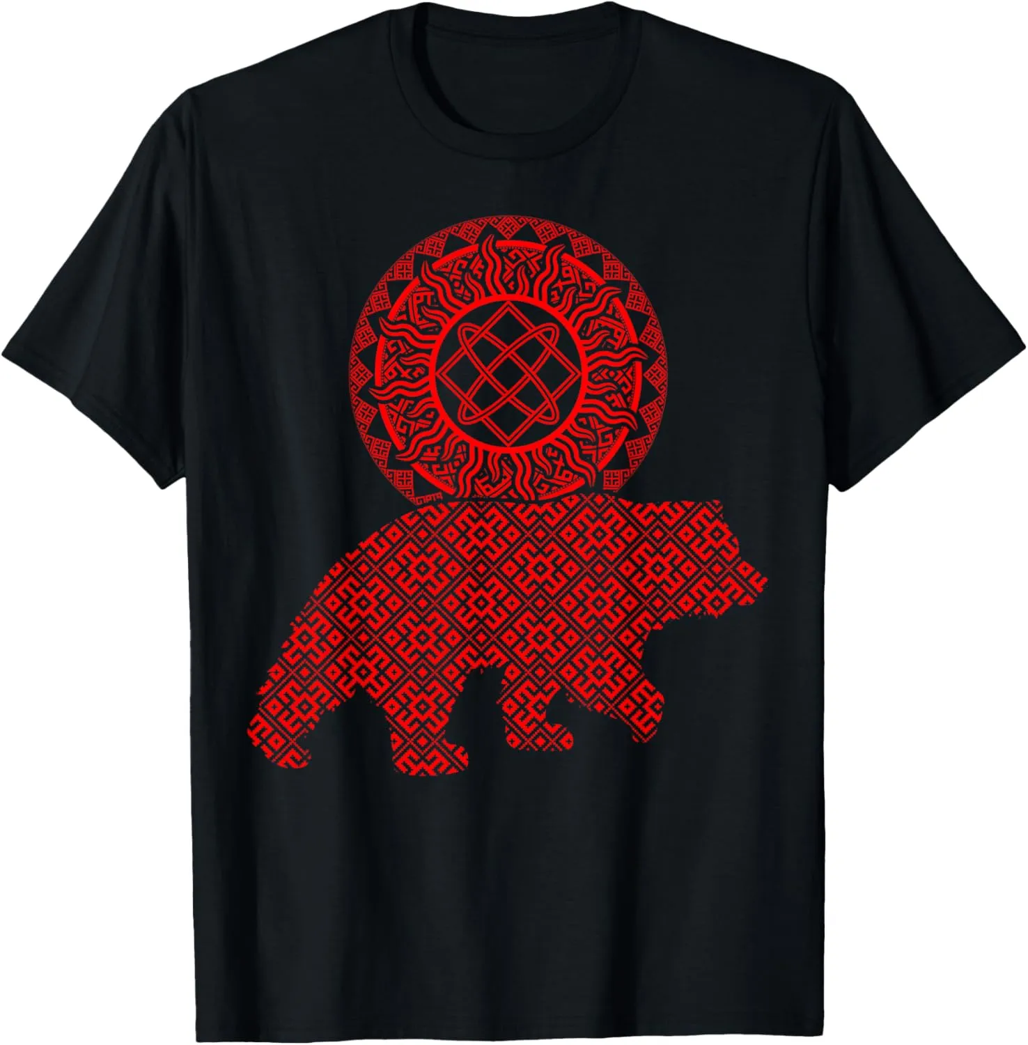 Slavic God Pagan Pattern Lada Deity Symbol with Bear Red T-Shirt