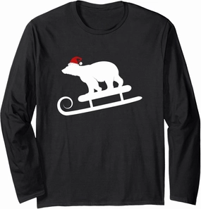 Sledding Polar Bear With Santa Hat Christmas Holiday Long Sleeve T-Shirt