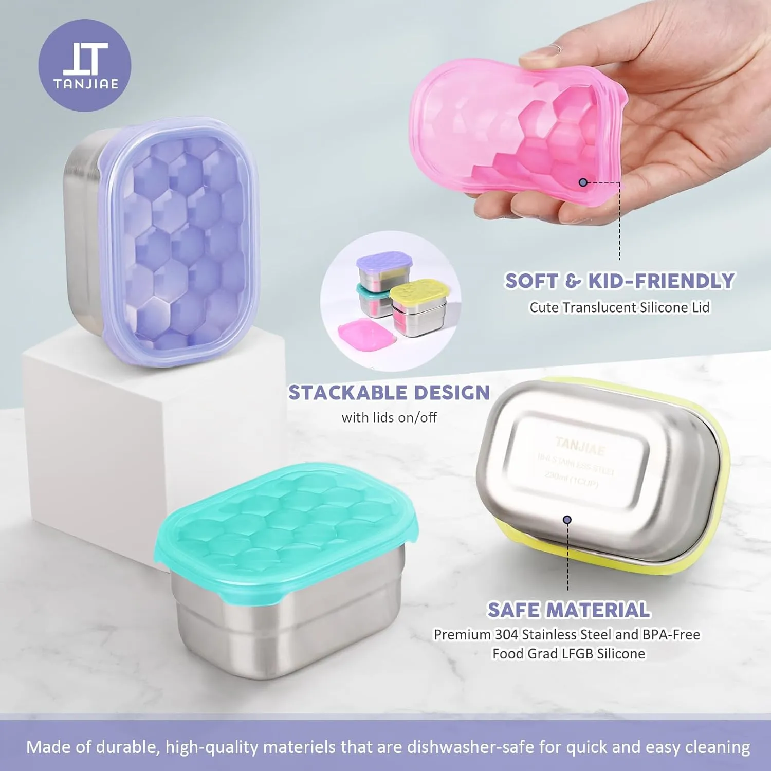 Small (1 CUP) Stainless Steel Snack Containers for Kids and Toddlers | Easy Open Leak Proof Food Containers with Silicone Lids - Perfect Metal Lunch Box for Daycare and School (8oz)