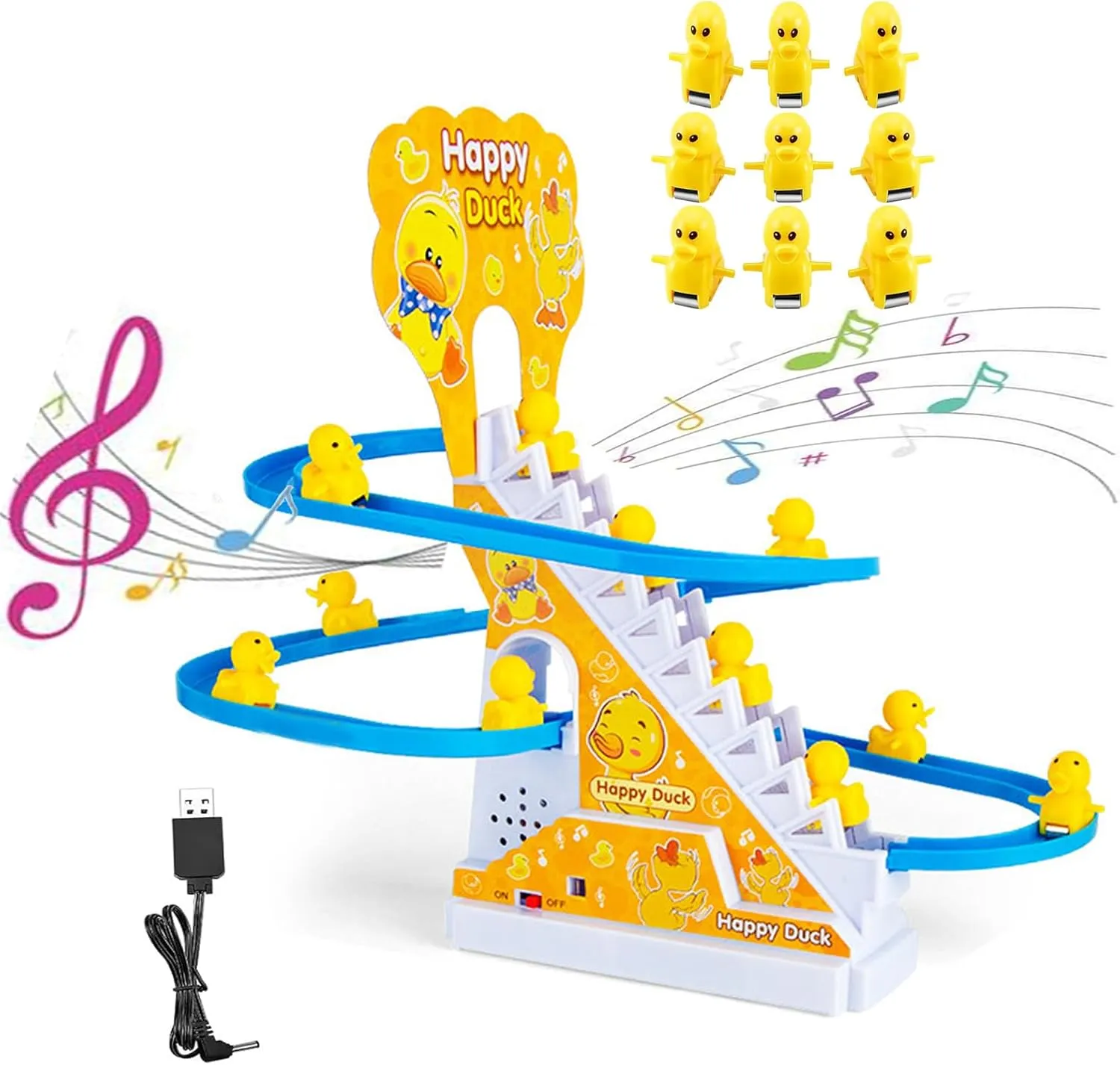 Small Ducks Climbing Toys, Electric Llittle Duck Climbing Stairs Toy, Funny Duck Roller Coaster Track Toy with 9 Duck LED Lights & Music Button, Small Duck Slide Toy for Toddlers Kids and Baby