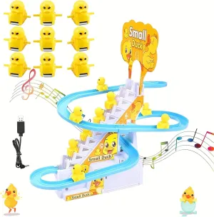 Small Ducks Climbing Toys, Electric Llittle Duck Climbing Stairs Tracks Slide Toy Set, Small Duck Roller Coaster Track Toy with 9 Ducks LED Lights & Music, Duck Slide Toy for Toddlers and Kids (C)
