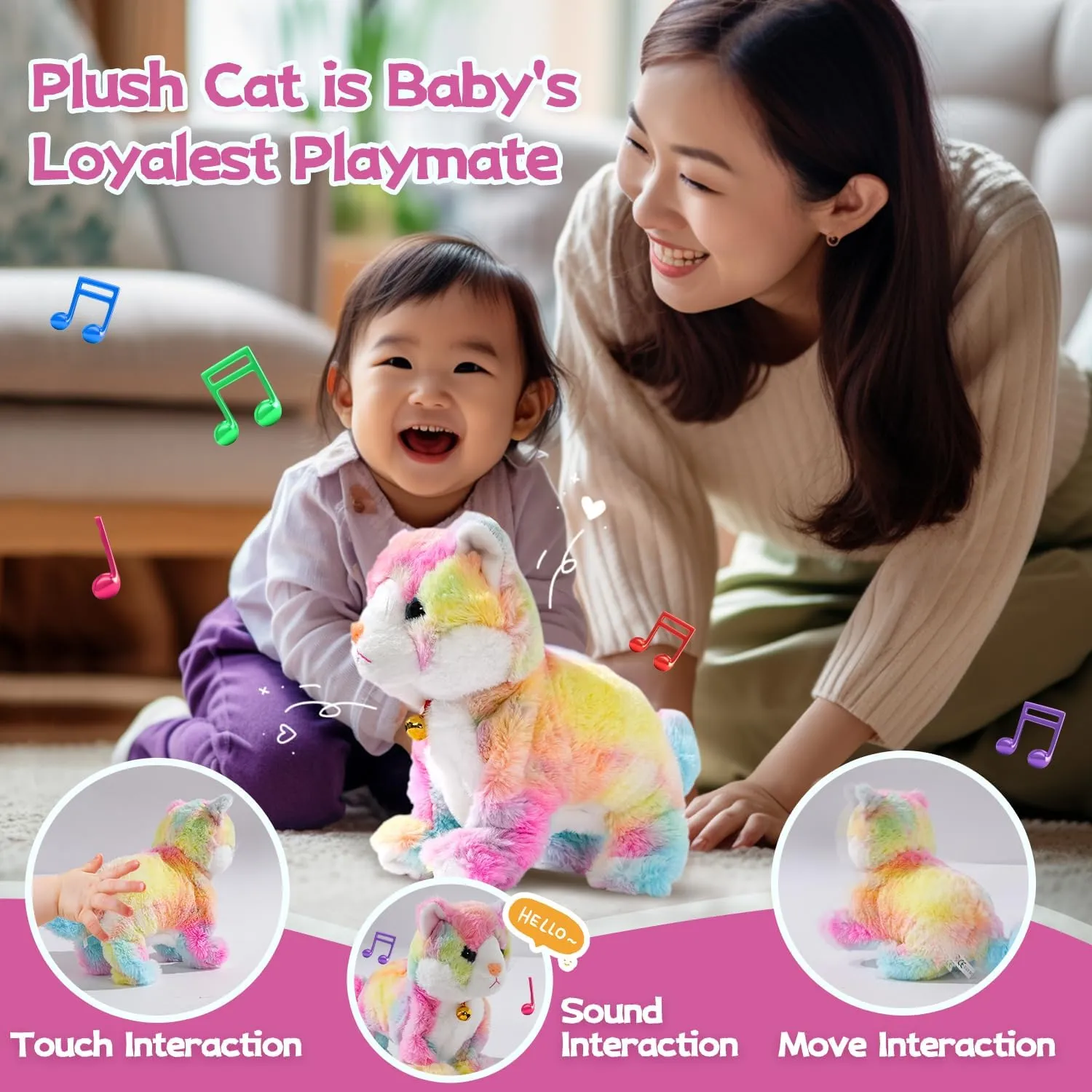 Smalody Interactive Electronic Plush Toy - Animated Sound Control Electronic Pet Robot Cat Kitten Toys Gifts for Boys & Girls Kids Birthday Christmas(LED Eyes) (Colorful)