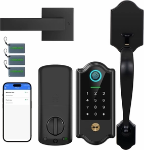 Smart Fingerprint Door Lock for Front Door – Keyless Entry Deadbolt with Handle Set, Digital Keypad, App Control, Auto Lock, Easy Install, Matte Black