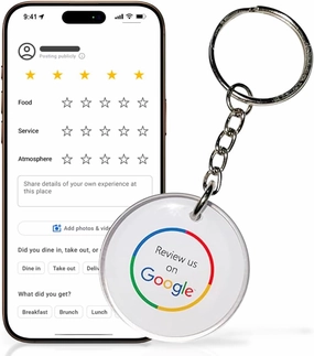 Smart Google Review Tap Keychain with QR Code for Instant Customer Feedback. Includes an NFC Tag for Direct Google Reviews. Compatible with iPhone and Android.