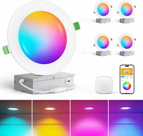 Smart Recessed Lighting 6 Inch 4 Pack, Wi-Fi Connect RGBWW LED Downlight with Junction Box, APP & Voice Control, 1100LM 12W, 2700K-6500K, Canless Downlights for Bedroom Kitchen Living Room