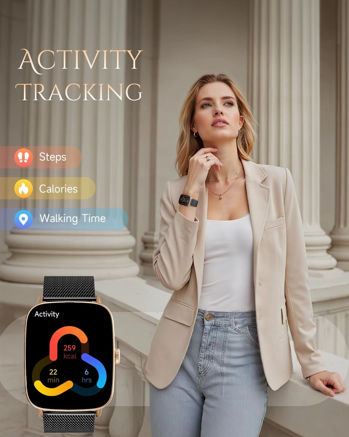 Smart Watch for Women, Android and iOS Phones Compatible, Fitness Running Tracker, Step Counter Smartwatch, Sleep/Heart Rate Health Monitor, Answer/Make Calls, IP68 Waterproof, Black-Gold