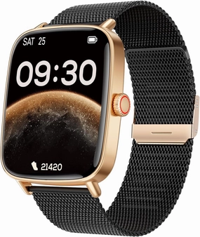 Smart Watch for Women, Android and iOS Phones Compatible, Fitness Running Tracker, Step Counter Smartwatch, Sleep/Heart Rate Health Monitor, Answer/Make Calls, IP68 Waterproof, Black-Gold