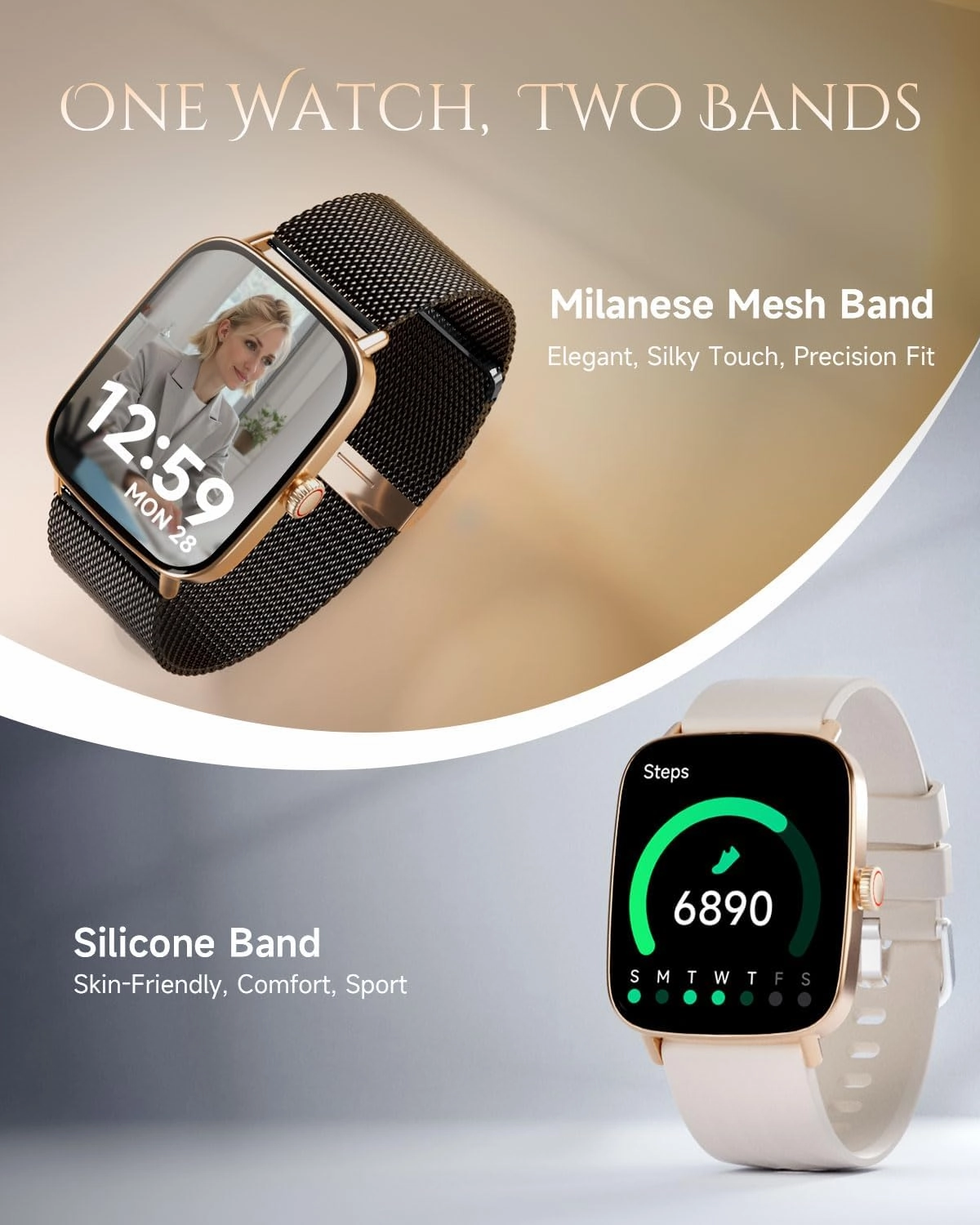 Smart Watch for Women, Android and iOS Phones Compatible, Fitness Running Tracker, Step Counter Smartwatch, Sleep/Heart Rate Health Monitor, Answer/Make Calls, IP68 Waterproof, Black-Gold