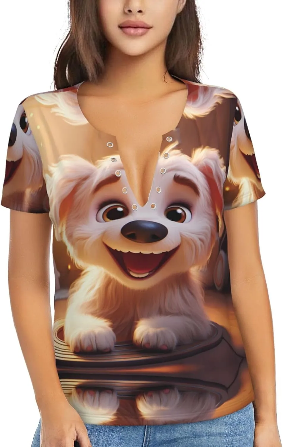 Smiling Puppy Pattern Sexy V-Neck Printed Short T-Shirt, Travel Portable Fitness Clothes, Home and Outdoor wear