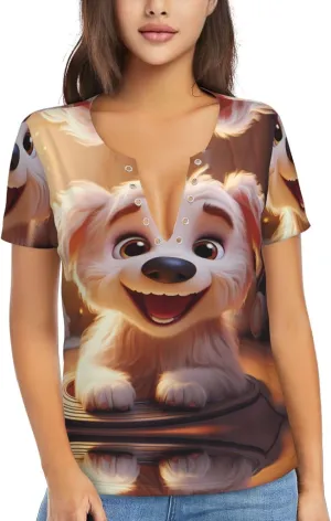 Smiling Puppy Pattern Sexy V-Neck Printed Short T-Shirt, Travel Portable Fitness Clothes, Home and Outdoor wear