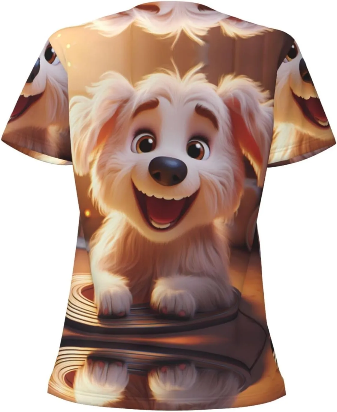 Smiling Puppy Pattern Sexy V-Neck Printed Short T-Shirt, Travel Portable Fitness Clothes, Home and Outdoor wear