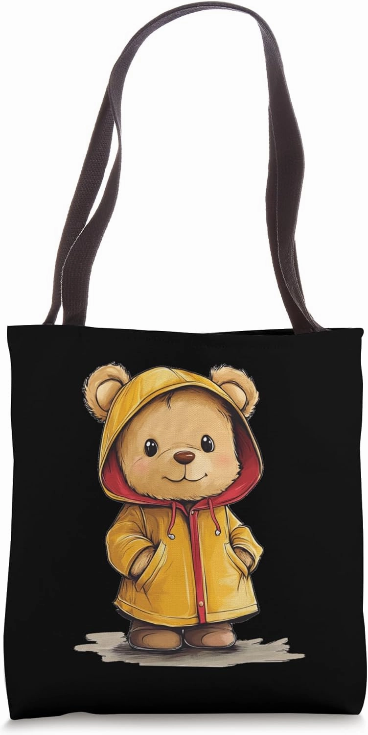 Snuggly Teddy Bear in Raincoat for Wet Weather and Fun Tote Bag