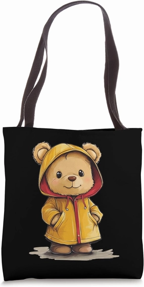 Snuggly Teddy Bear in Raincoat for Wet Weather and Fun Tote Bag