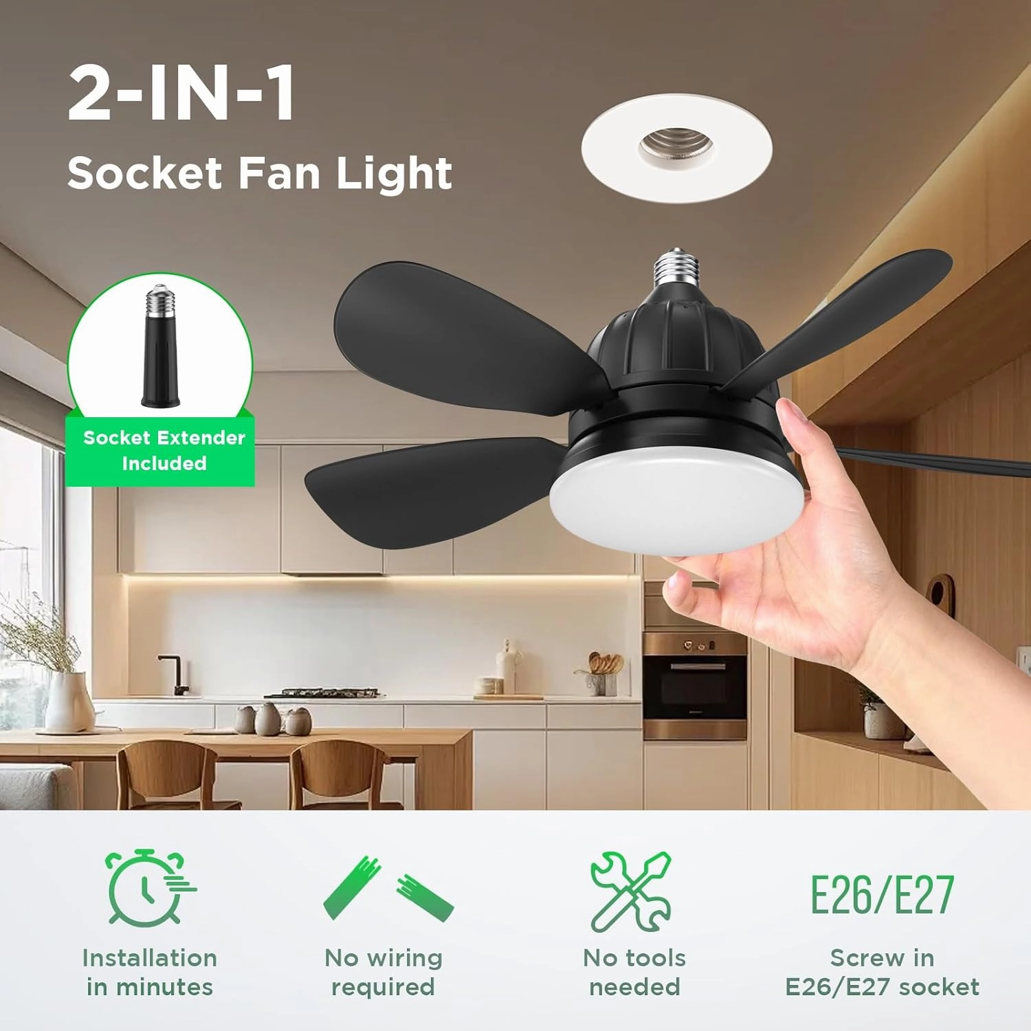 Socket Fan Light with Remote: 18'' Small Ceiling Fans with Lights, 2000 Lumens Dimmable Led Bulb, 3 Colors 3000K-6500K, Easy Install Screw in E26 Base for Bedroom Living Room Kitchen Garage