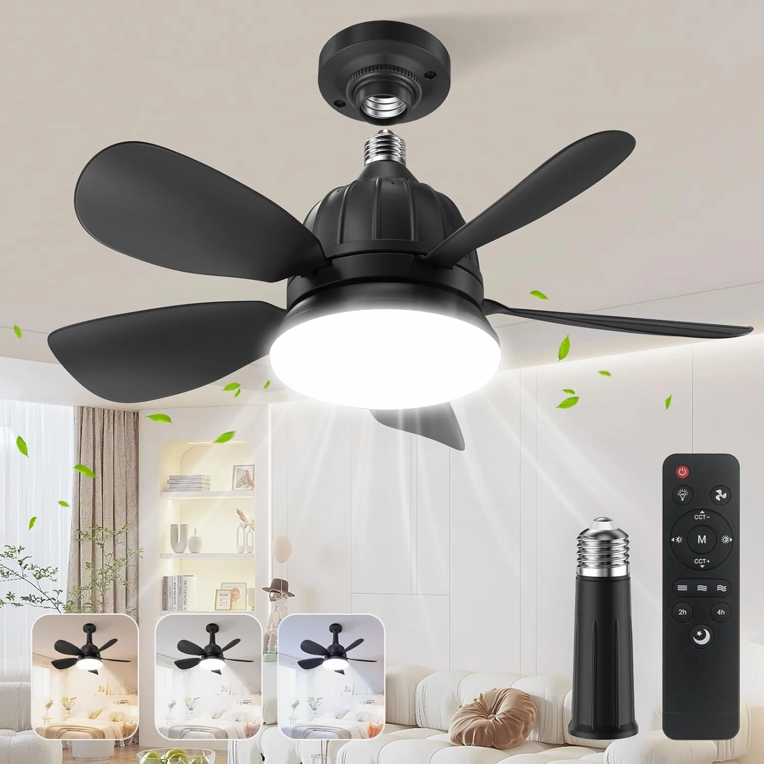 Socket Fan Light with Remote: 18'' Small Ceiling Fans with Lights, 2000 Lumens Dimmable Led Bulb, 3 Colors 3000K-6500K, Easy Install Screw in E26 Base for Bedroom Living Room Kitchen Garage