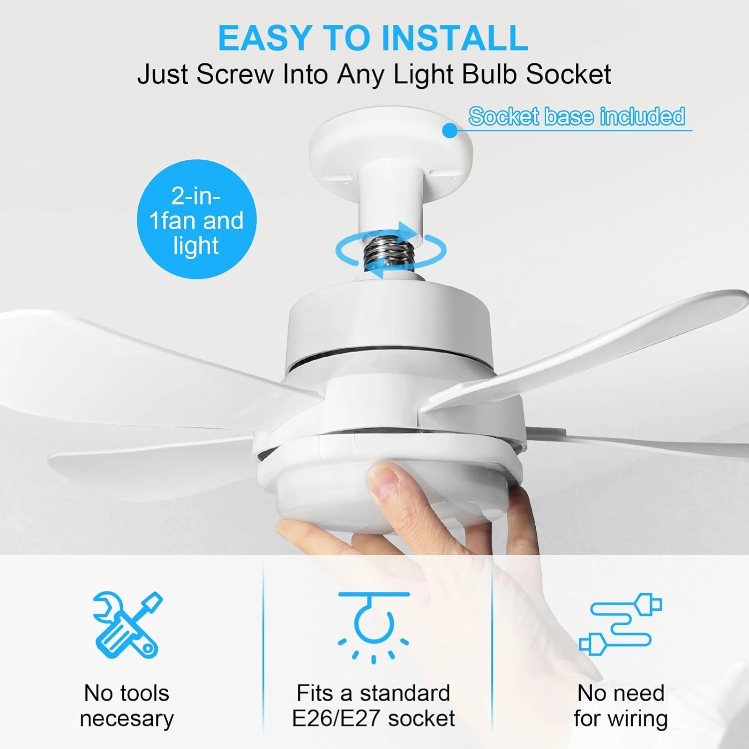Socket Fan Light With Remote, Screw Ceiling Fans with Lights, 5 Reversible Blades, Quiet 6-Speed DC Motor, Dimmable Socket Fan for Garage Bathroom Kitchen, 6000 Kelvins As Seen On TV (White) (White)