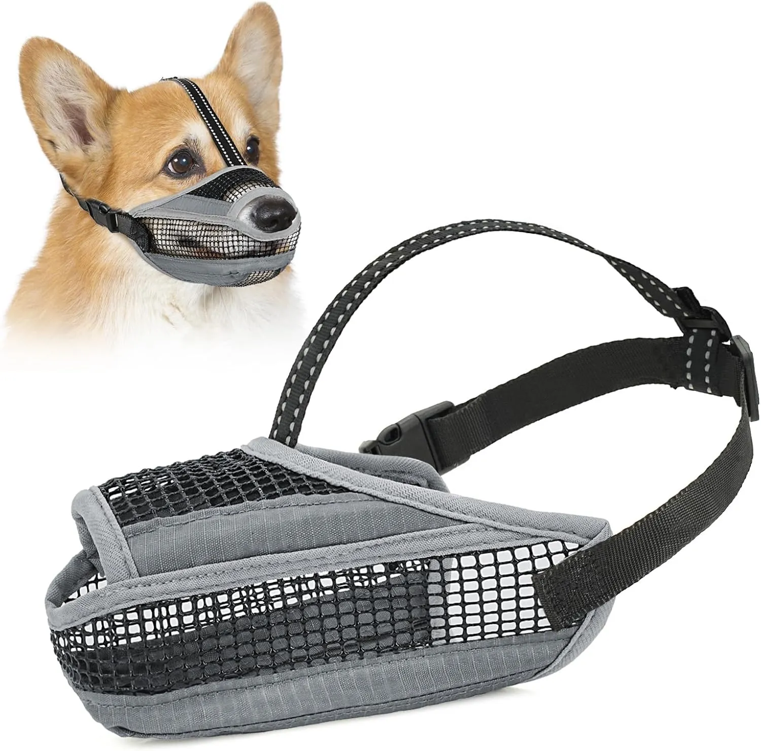 Soft Mesh Dog Muzzle with Reflective Adjustable Strap, Lightweight Muzzle for Large Medium Small Dogs, Prevents Biting Chewing Licking, Open Nose Design for Comfort (Grey, XS)