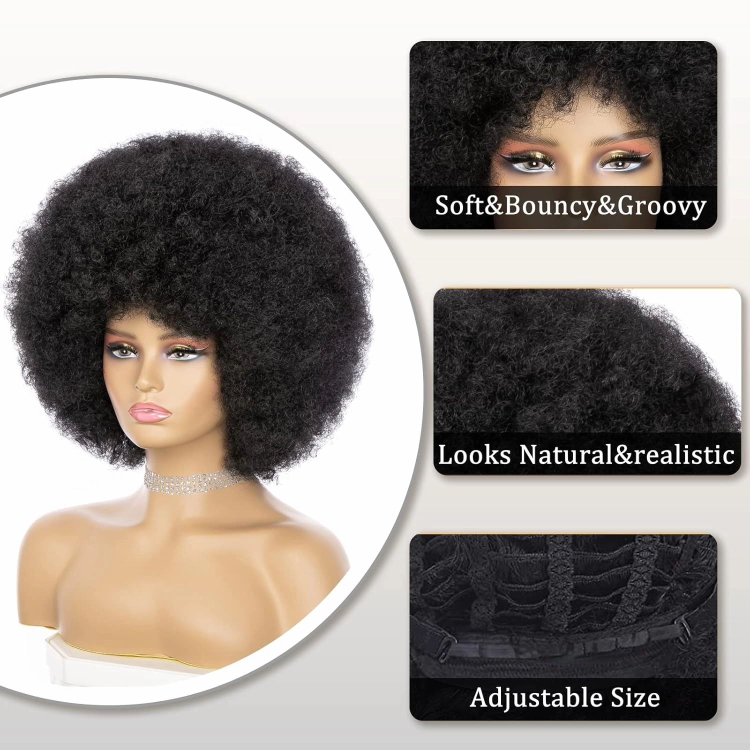 Soft Afro Wig With Bangs - 70s Style Kinky Curly Hair for Women and Men, Natural Looking Short Bouncy Black Synthetic Hair for Daily and Party Use