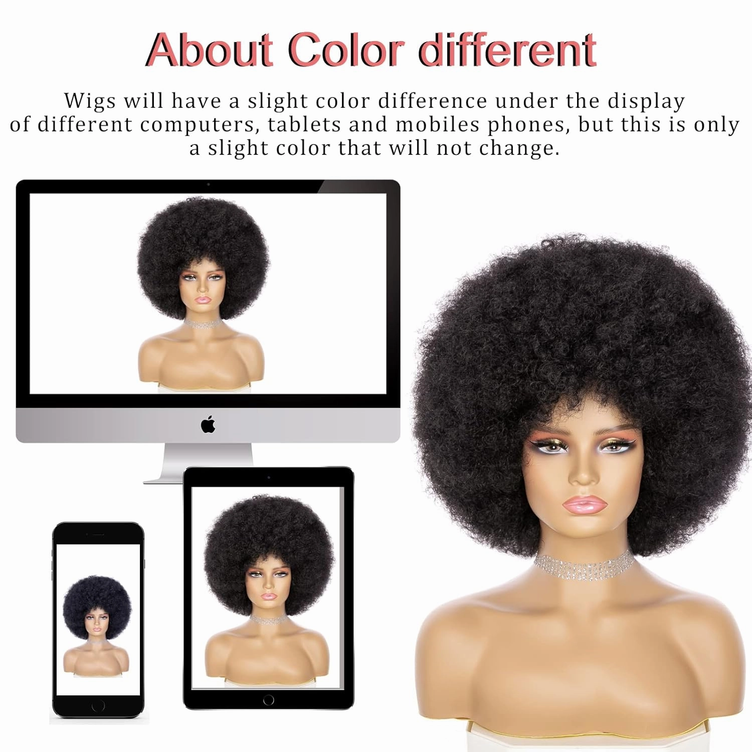 Soft Afro Wig With Bangs - 70s Style Kinky Curly Hair for Women and Men, Natural Looking Short Bouncy Black Synthetic Hair for Daily and Party Use