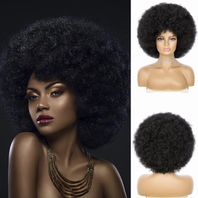 Soft Afro Wig With Bangs - 70s Style Kinky Curly Hair for Women and Men, Natural Looking Short Bouncy Black Synthetic Hair for Daily and Party Use