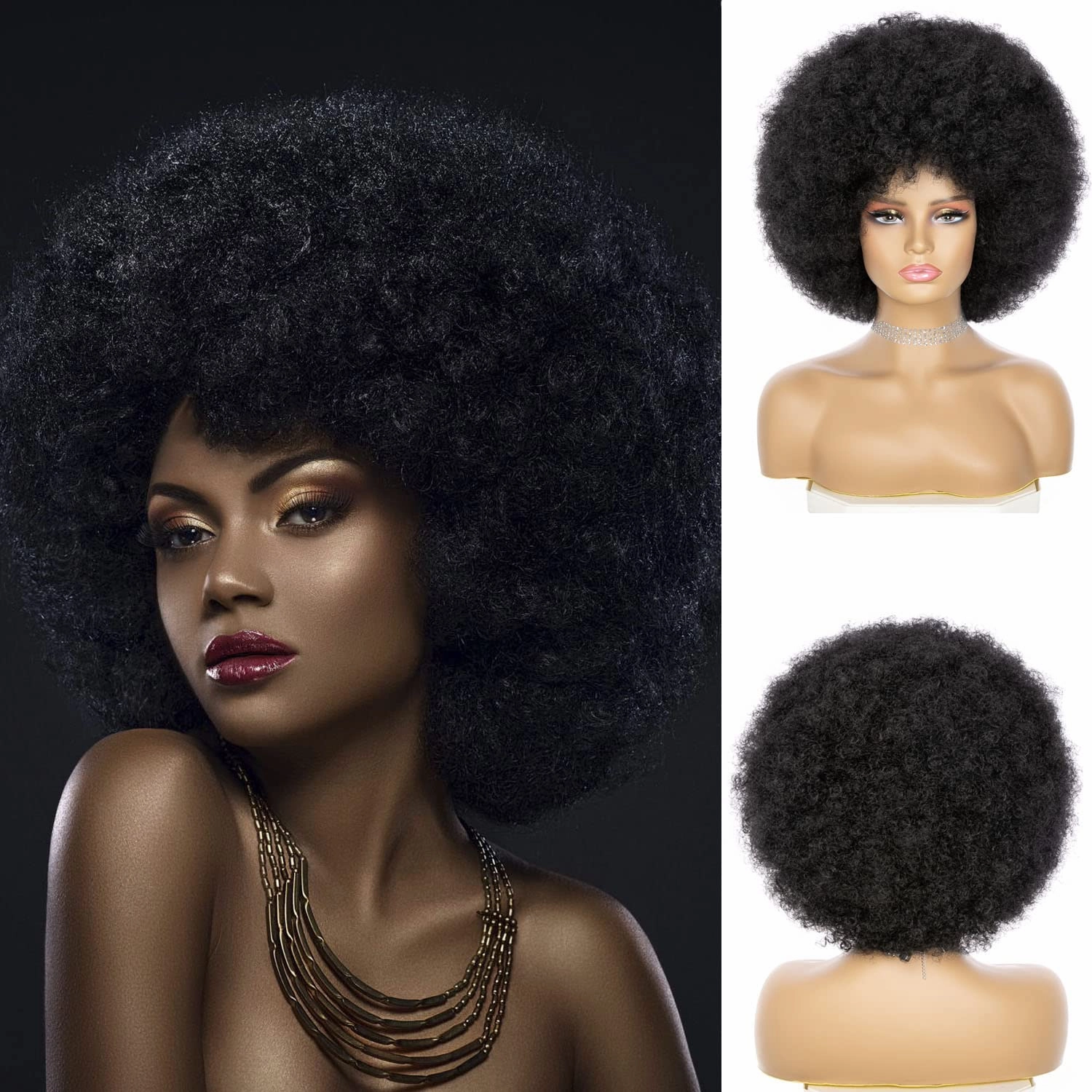 Soft Afro Wig With Bangs - 70s Style Kinky Curly Hair for Women and Men, Natural Looking Short Bouncy Black Synthetic Hair for Daily and Party Use