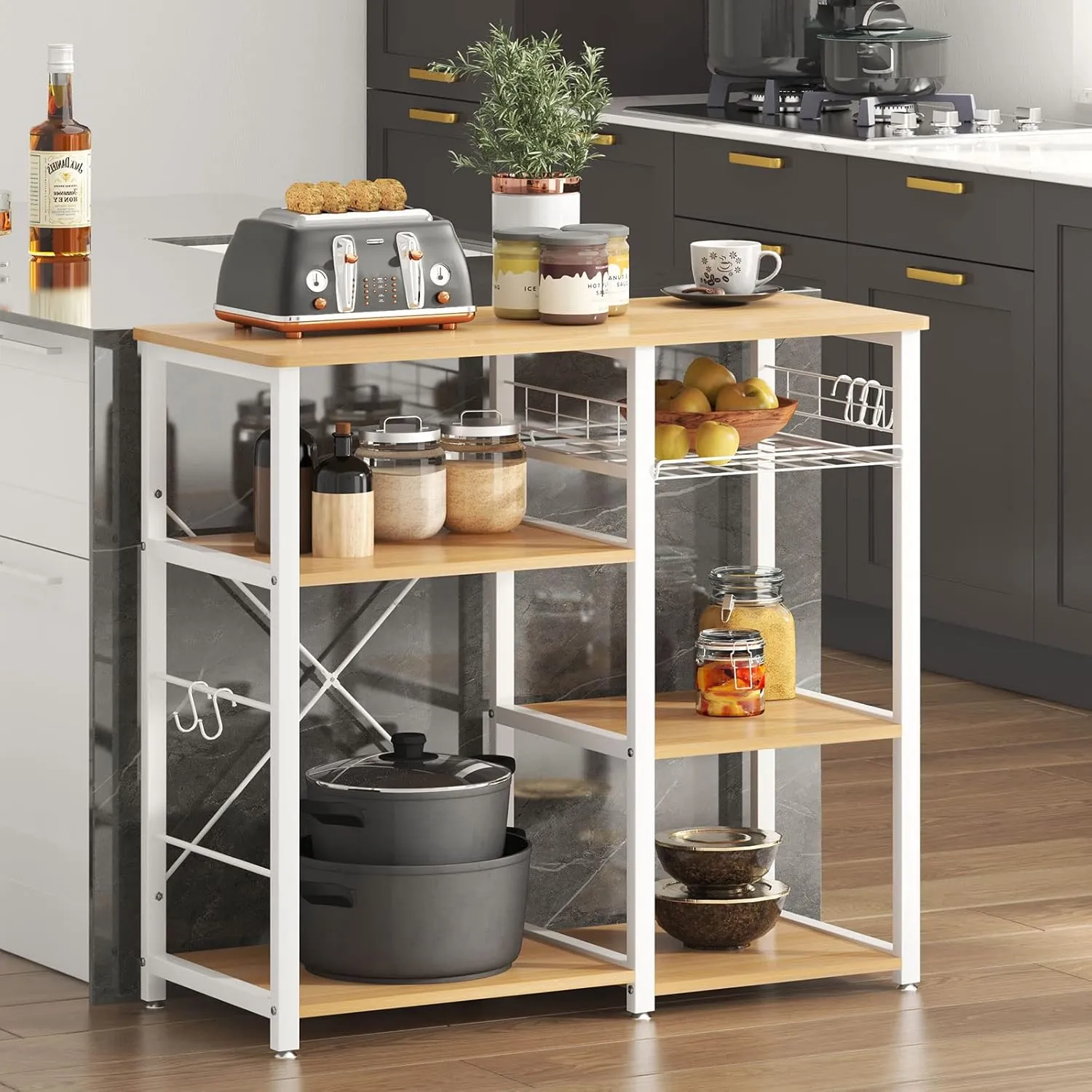 soges Kitchen Bakers Rack with 5 Hooks, Microwave Stand, Coffee Bar Station, Industrial Storage Shelf with Wire Basket, Adjustable Feet, Sturdy Metal Frame for Kitchen, Pantry, Living Room, Maple