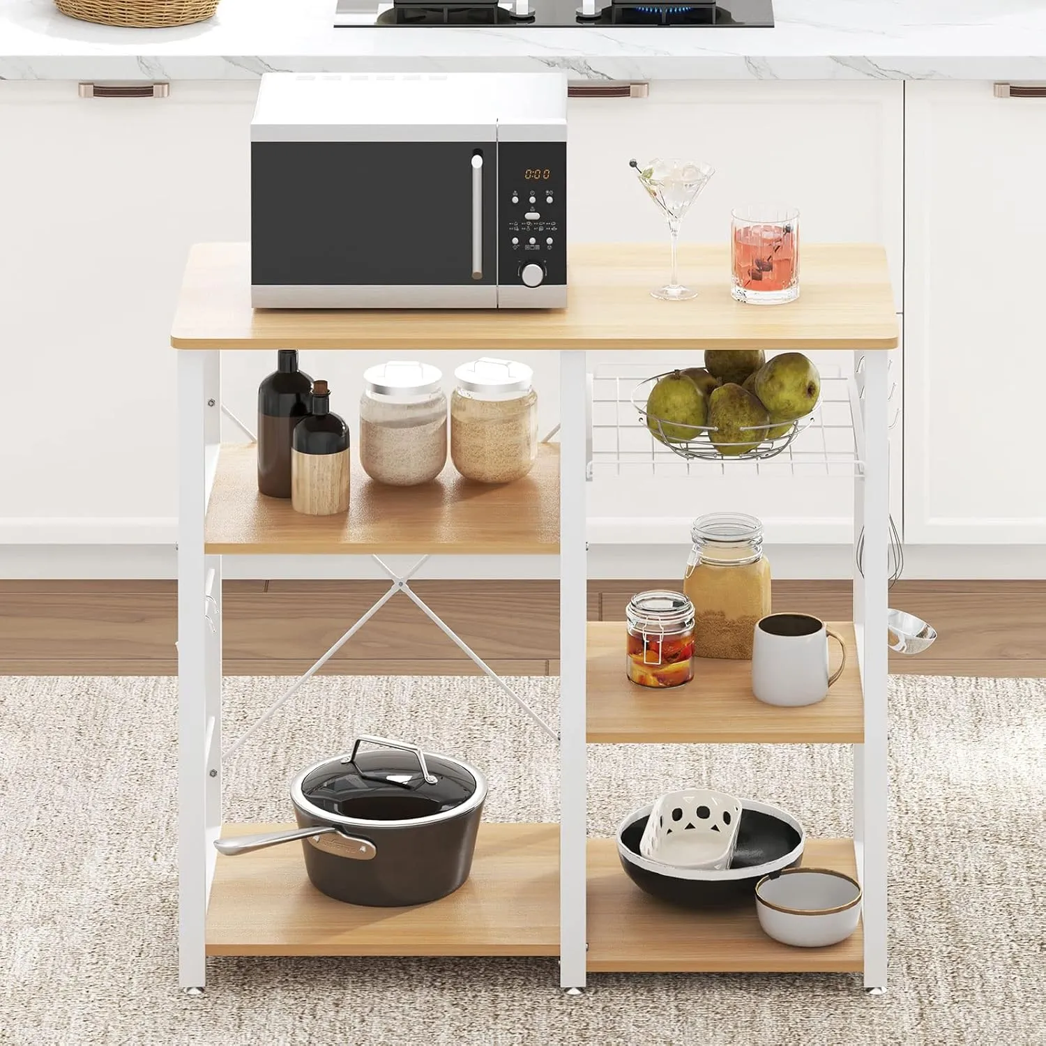 soges Kitchen Bakers Rack with 5 Hooks, Microwave Stand, Coffee Bar Station, Industrial Storage Shelf with Wire Basket, Adjustable Feet, Sturdy Metal Frame for Kitchen, Pantry, Living Room, Maple