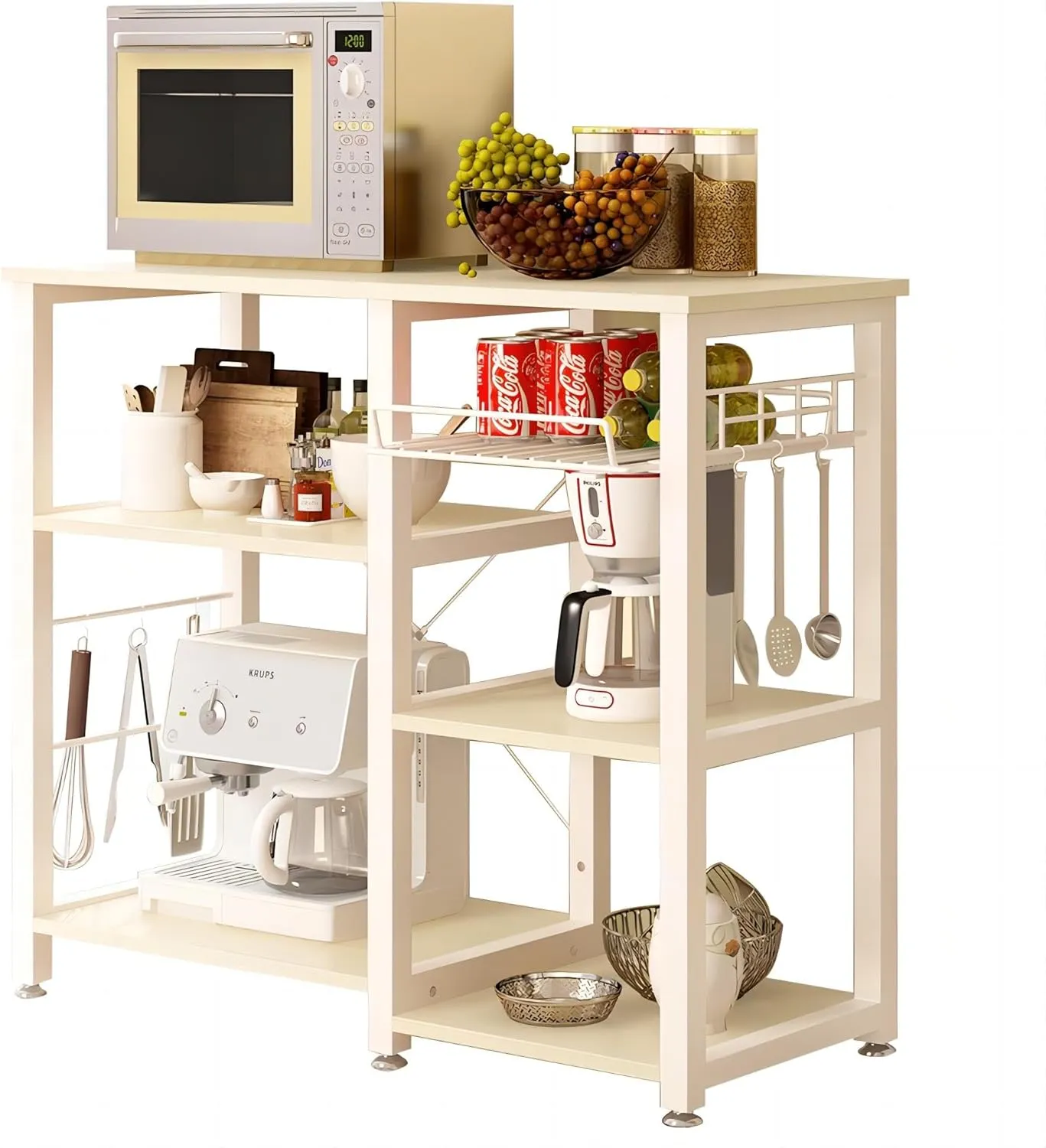 soges Kitchen Bakers Rack with 5 Hooks, Microwave Stand, Coffee Bar Station, Industrial Storage Shelf with Wire Basket, Adjustable Feet, Sturdy Metal Frame for Kitchen, Pantry, Living Room, Maple