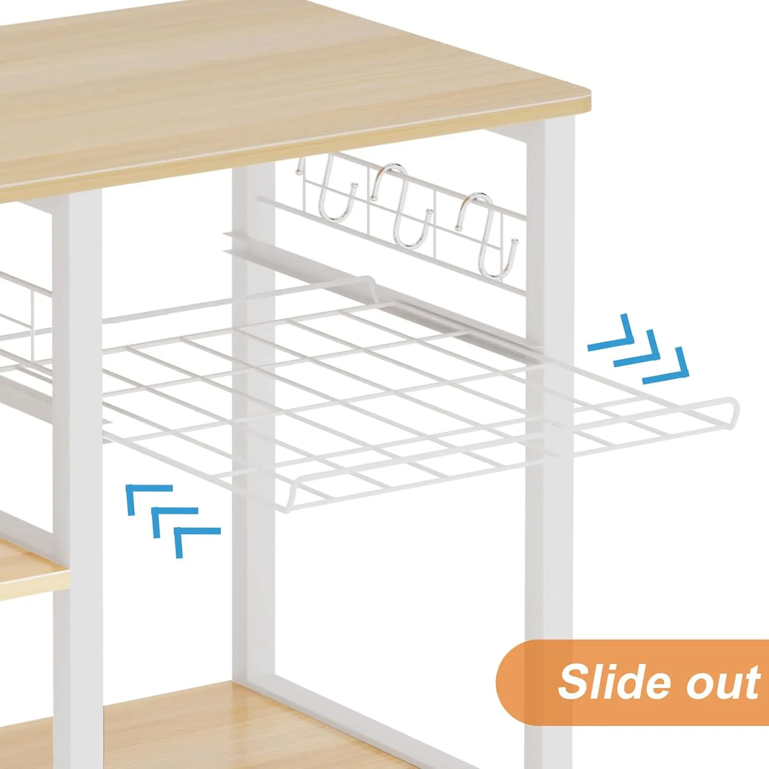 soges Kitchen Bakers Rack with 5 Hooks, Microwave Stand, Coffee Bar Station, Industrial Storage Shelf with Wire Basket, Adjustable Feet, Sturdy Metal Frame for Kitchen, Pantry, Living Room, Maple