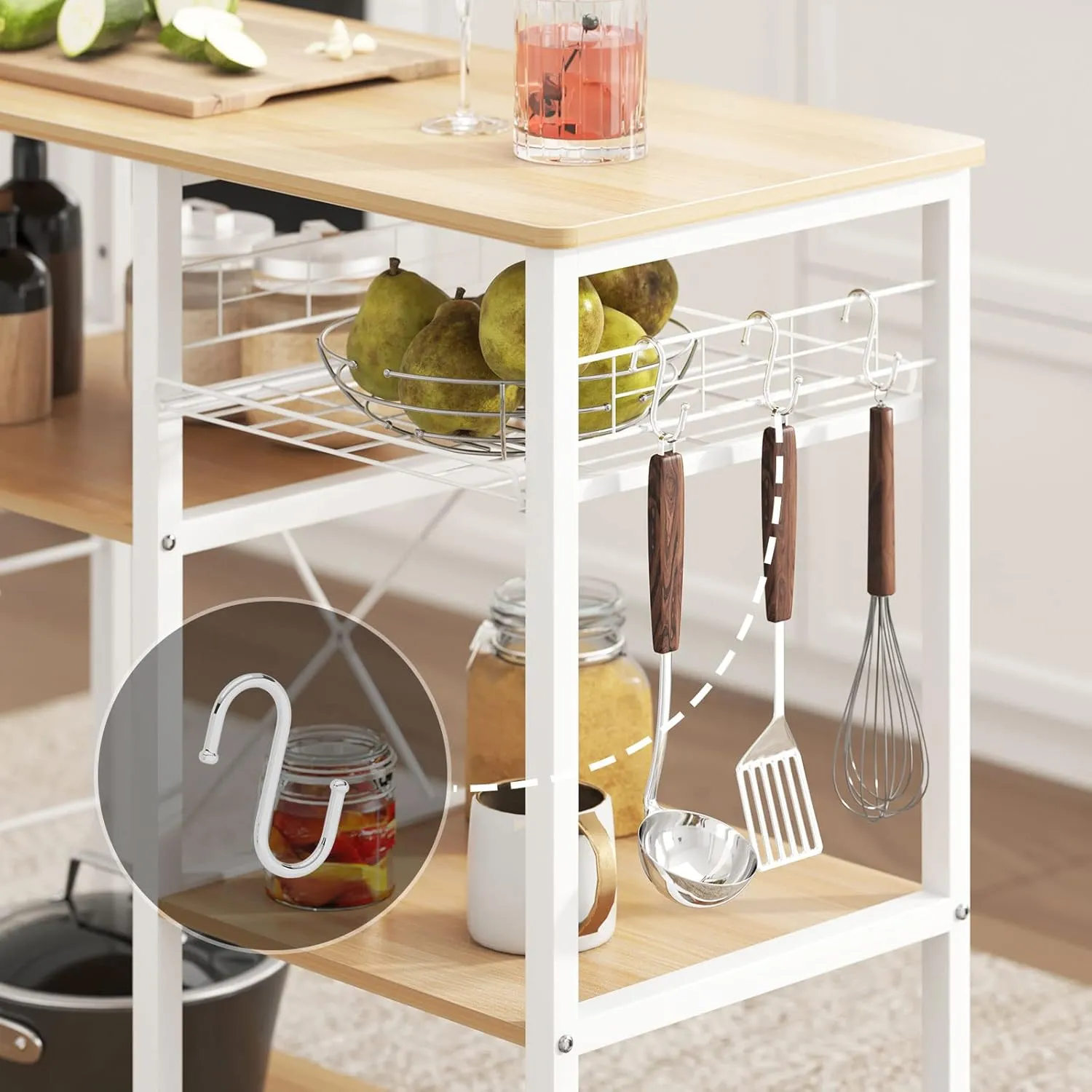 soges Kitchen Bakers Rack with 5 Hooks, Microwave Stand, Coffee Bar Station, Industrial Storage Shelf with Wire Basket, Adjustable Feet, Sturdy Metal Frame for Kitchen, Pantry, Living Room, Maple
