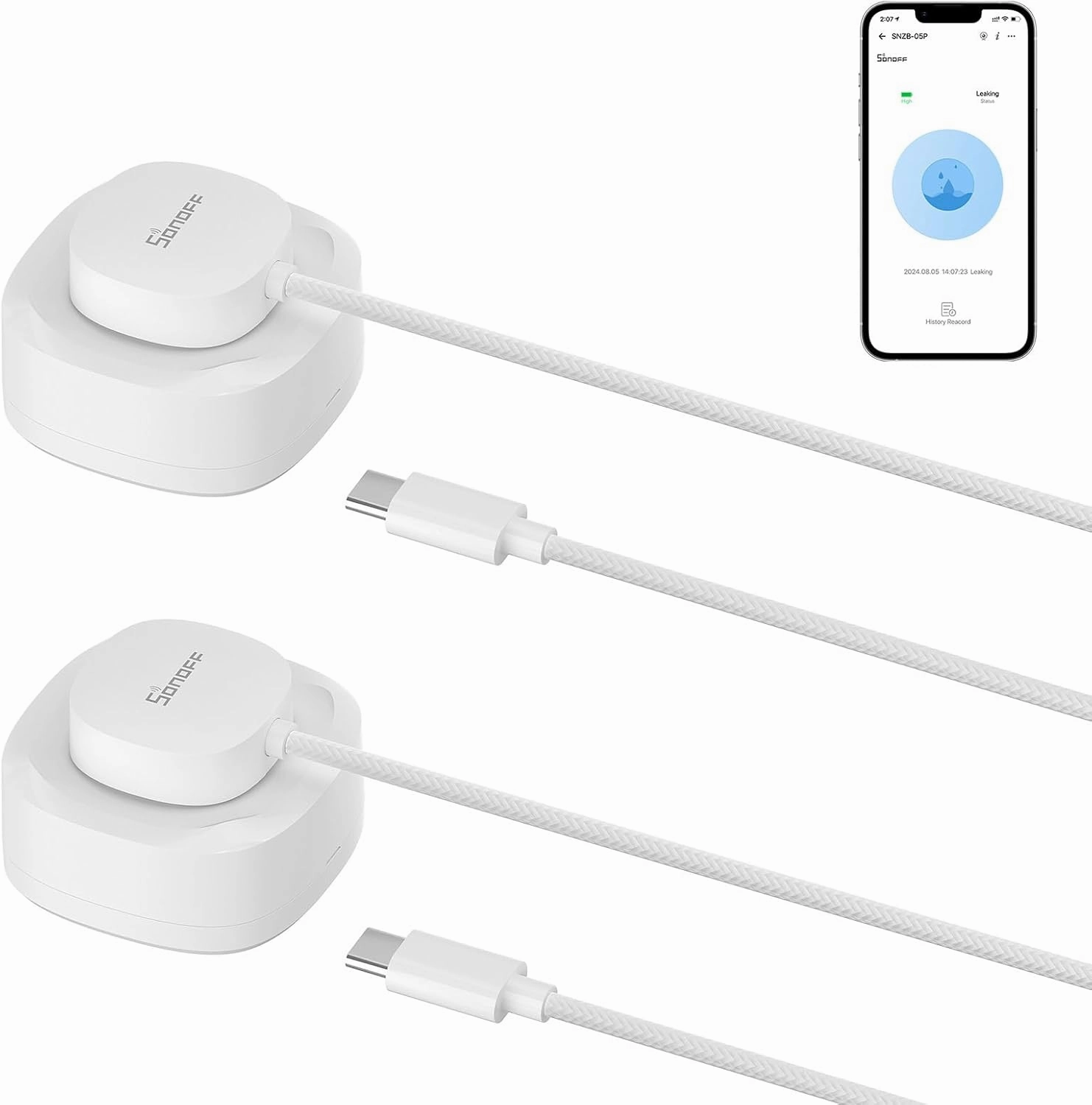 SONOFF SNZB-05P Zigbee Water Leak Sensor with Detection Cable for Alarm System and Smart Home Automation, Wireless Mini Flood Detector for Kitchen Bathroom Basement 2Pack