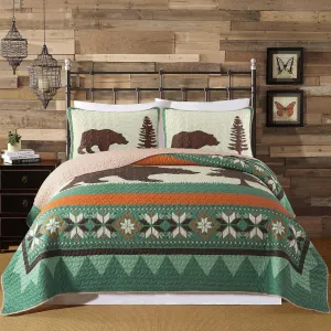 Soul & Lane Rustic Cabin Bear Quilt Set - Twin Size with 1 Sham, Wilderness Lodge Bedding with Country Nature Theme, Forest Quilted Bedspread with Outdoor Motif for Ski Lodge and Lake House