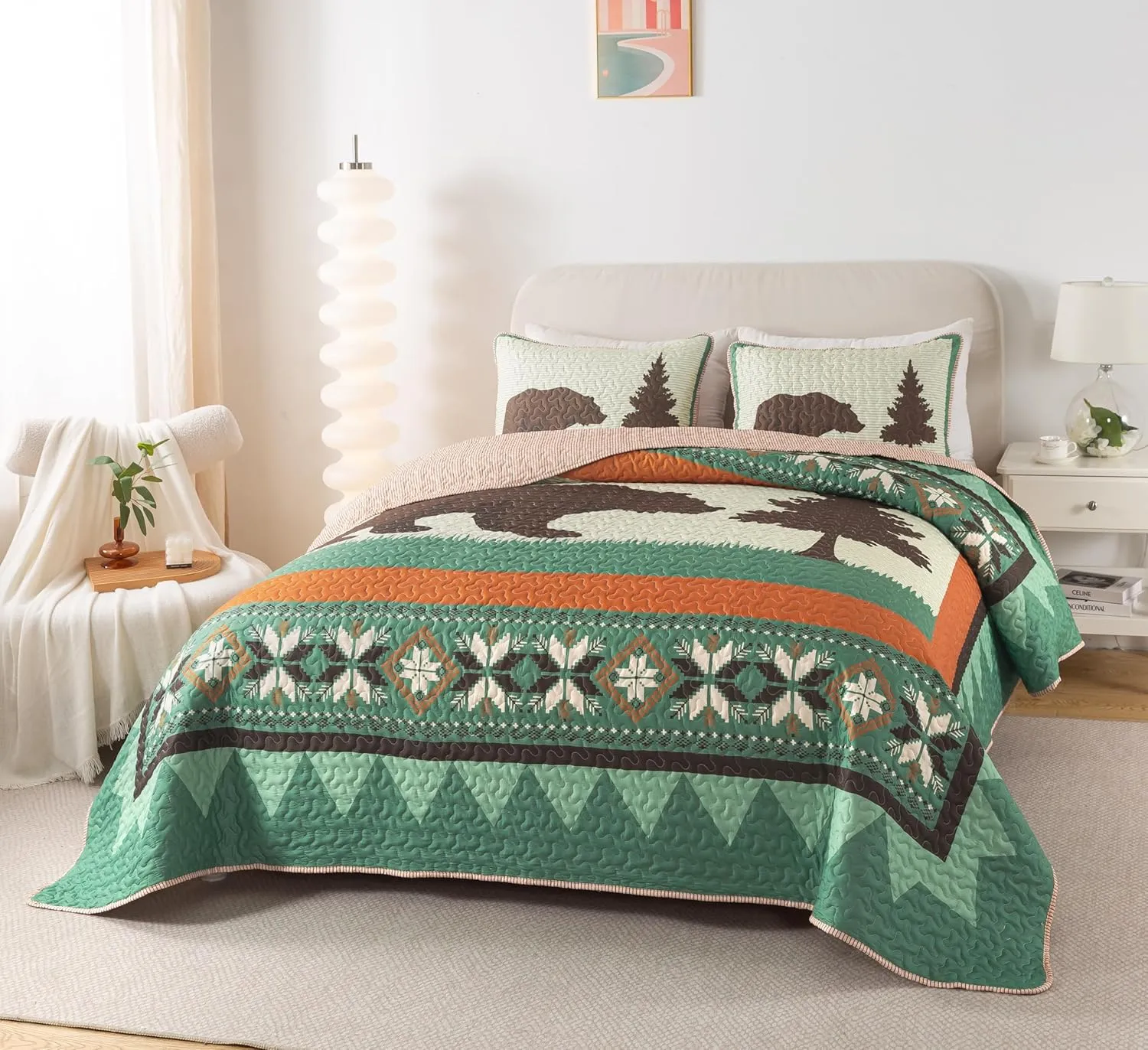 Soul & Lane Rustic Cabin Bear Quilt Set - Twin Size with 1 Sham, Wilderness Lodge Bedding with Country Nature Theme, Forest Quilted Bedspread with Outdoor Motif for Ski Lodge and Lake House