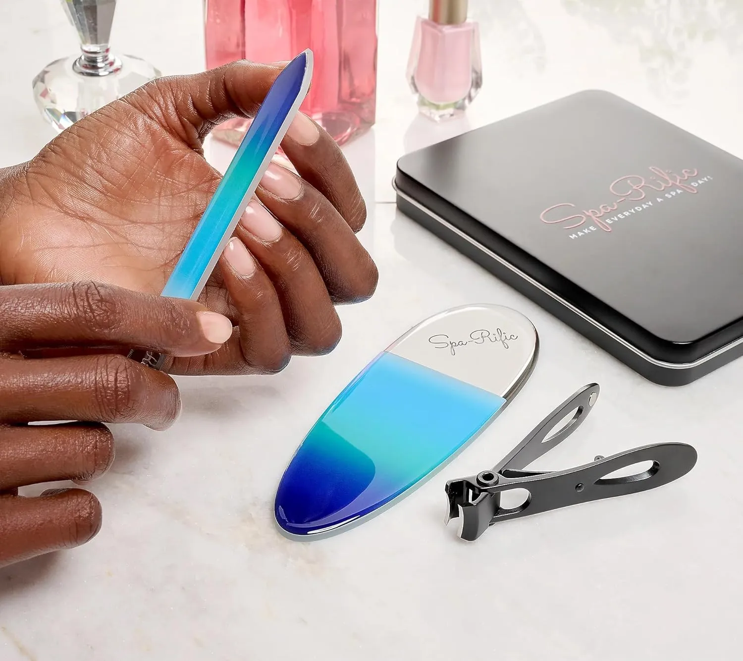 Spa-Rific 3pc Nano File and Ultra Wide Jaw Nail Clipper Set: Glass Nail Files with Large Nail Clipper and Metal Case Kit - Crystal Fingernail Manicure and Pedicure Tools - Blue Teal Ombre