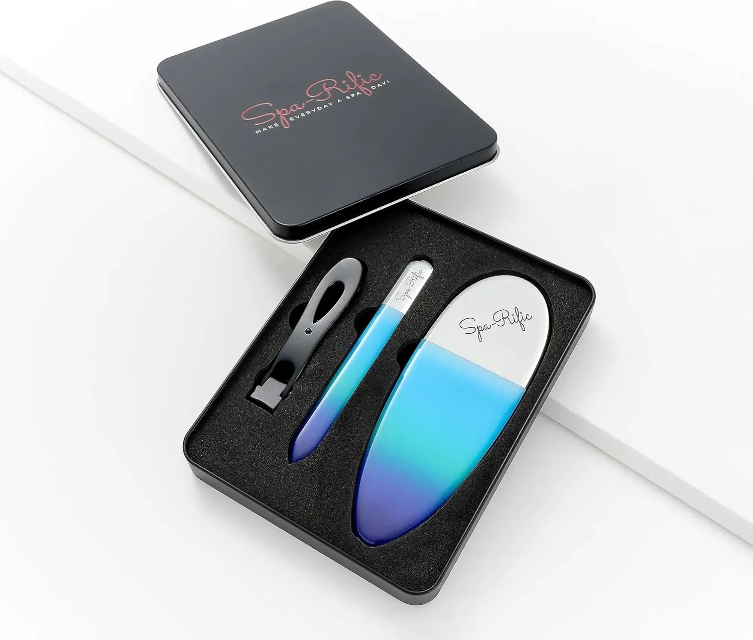 Spa-Rific 3pc Nano File and Ultra Wide Jaw Nail Clipper Set: Glass Nail Files with Large Nail Clipper and Metal Case Kit - Crystal Fingernail Manicure and Pedicure Tools - Blue Teal Ombre